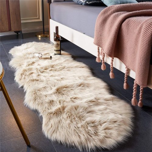 CTPAR-S-751_1 EasyJoy Ultra Soft Fluffy/Fuzzy Shaggy Area Rug Faux Fur Chair Cover Seat Pad for Bedroom Floor Sofa Living Room (2 x 6 ft Sheepskin, Beige)