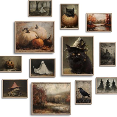 TwoDays Vintage Halloween Room Decor, Horror Spooky Painting Gallery Wall Art, Fall Aesthetic Boo Posters, Witch Ghosts Black Cat Pumpkin Prints (Multi Sizes, 8" X 10" Largest, Set of 12) (Unframed)