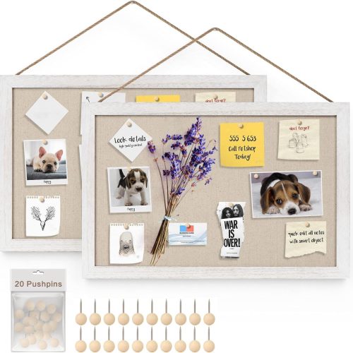 Miratino 2-Pack Cork Board with Linen 16x11 inch Bulletin Board Office Decor Hanging Pin Wood Framed Display Picture Vision Board Light for Wall School Office Bedroom 20-Pushpin Vintage White