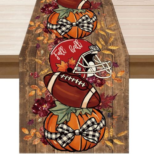 XCHI Fall Football Helmet Pumpkin Table Runner for Home Decoration 13x72In