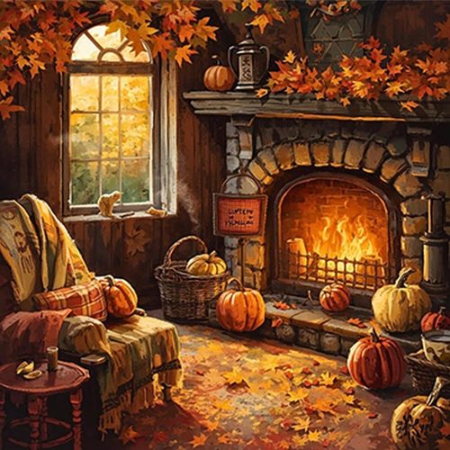 Fall Fireplace Pumpkin Leaf Diamond Art Painting Kits for Adults, Diamond Painting Kits for Adults Beginners, 5D DIY Full Drill Diamond Dot Gem Art Kits for Adult, Home Wall Decor 13.8x13.8 Inch