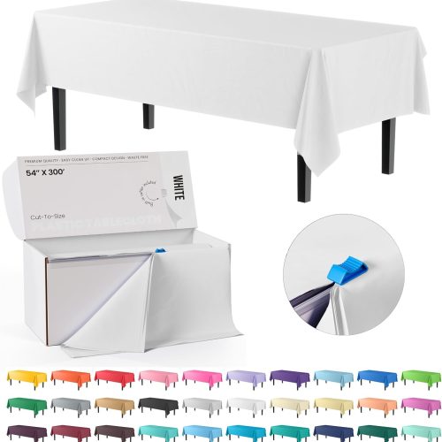 Party Solids 54 Inch X 300 Feet White Plastic Table Cover Roll in A Cut - to - Size Box with Convenient Slide Cutter. Cuts Up to 36 Rectangle 8 Feet Plastic Disposable Tablecloths