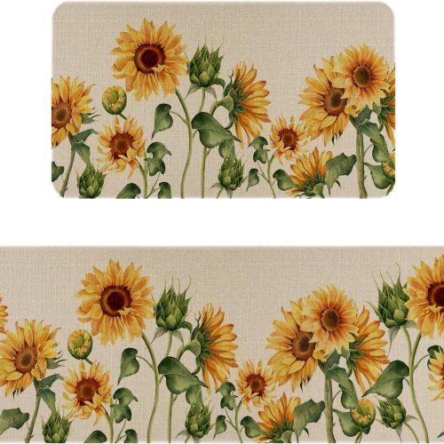 Sunflowers Kitchen Rugs Set of 2,Spring Summer Farmhouse Kitchen Mats for Floor,Non-Slip Washable Sink Mats Home Decor Doormat+Runner Rug