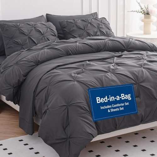 LANE LINEN 7 Piece Queen Grey Comforter Microfiber Down Alternative