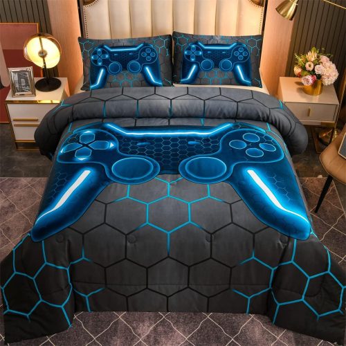 CTSEV-AP-1156_1 NTBED Game Console Comforter Set for Boys Girls Kids Geometric Lightweight Microfiber Bedding Sets (Blue, Full)
