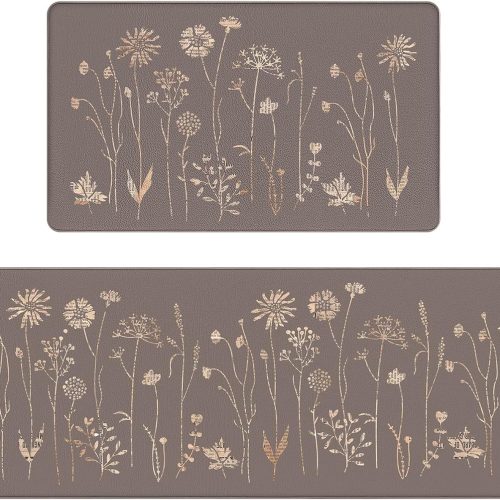 CTSEV-AP-1488_1 Rempry Floral Kitchen Mats for Floor, Non Slip Kitchen Rugs and Mat Set of 2, Waterproof Cushioned Anti Fatigue Kitchen Mat, 17"x47"+17"x29", Brown