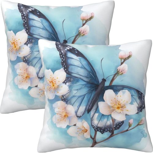 Butterfly Throw Pillow Covers Decorative Linen Pillow Cases Set of 2 Square Cushion Cover for Couch Sofa Bedroom Patio 18x18 Inch