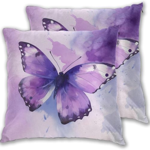 Watercolor Square Throw Pillow Covers 2 Packs, Purple Butterfly Decorative Couch Pillows Protector Case with Hidden Zipper, 18x18 Inch Double Side Print Throws Cushion Cover for Bed Sofa