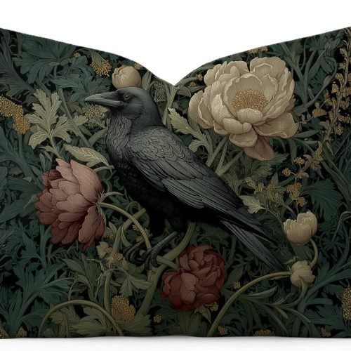 CTSEV-AP-1601_1 William Morris Inspired Design Floral Pillow Covers, Vintage Black Crow Print Throw Pillow Covers Home Decor, Retro Pillowcase Cushion Cover for Bed Sofa Living Room (Black Crow, 20x12inch)