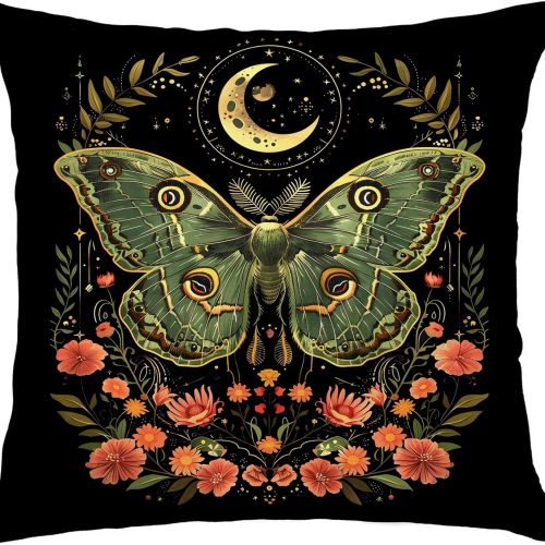 CTSEV-AP-1679_1 Green Luna Moth Floral Witchy Pillow Covers 18x18, Vintage Mystical Celestial Dark Gothic Cottagecore Butterfly Wildflower Botanical Decorative Throw Pillow Covers