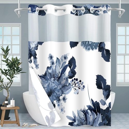 No Hook Shower Curtain and Liner Set, Blue Floral, 71x74