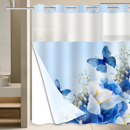 No Hook Shower Curtain and Liner Set Blue Butterfly Floral 71x74 Inch