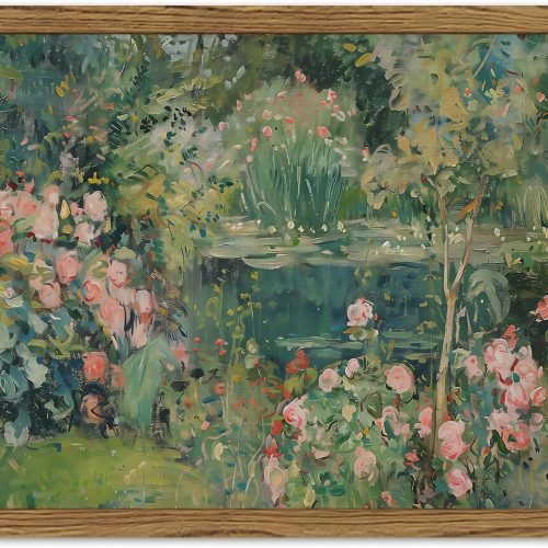 Framed Vintage Floral Landscape Canvas Wall Art, Rose Garden Pond Wall Decor Paintings, Rustic Cottagecore Nature Plant Pictures Prints Aesthetic Home Decor for Living Room Bedroom Bathroom 8x10 inch