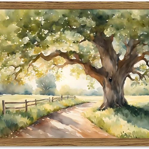 Framed Vintage Tree Landscape Wall Art, Watercolor Country Road Nature Wall Decor Paintings, Rustic Countryside Pictures Canvas Prints Aesthetic Home Decor for Living Room Bedroom Bathroom 8x10 inch