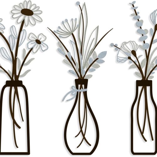 3 Pieces Metal Vase Flowers Wall Arts - Rustic Farmhouse Style Décor Metal Wall Art Black Minimalist Flower Natural Themed Wall Decors for Home Bedroom Dining Room Housewarming (Brown-Blue, Vase-C)