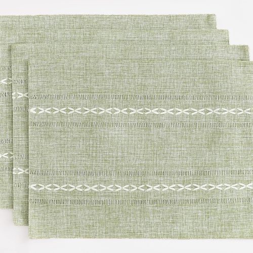 Wracra Cotton Linen Place Mats, Sage Green Embroidered Placemats Set of 4