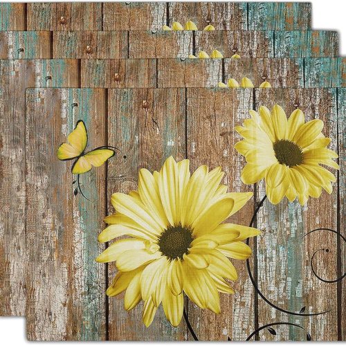 Giwawa Rustic Daisy Placemats Set of 4- Yellow Sunflowers Vintage Wood Board Linen Place Mat- Farmhouse Wooden Floral Non Slip Heat Resistant Table Mats for Kitchen Dining Cabin Lodge Decor