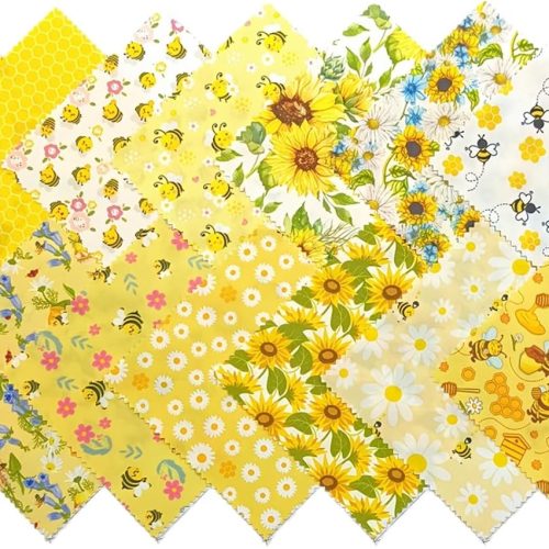 42 Pcs Bee & Sunflower Precut Cotton Quilting Fabric Squares, 5x5 Inches Cute Printed Fabric Bundles for Patchwork, Sewing Projects, DIY Crafts and Home Decor
