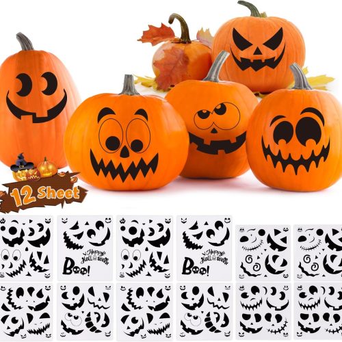 SULOLI Halloween Pumpkin Decorating Stickers, Black Pumpkin Face Stickers Make Jack-O-Lantern Craft Decals for Halloween Party Favors Trick or Treat Party Decoration(12 Sheet)