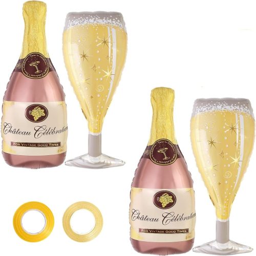 4 Pcs Champagne Balloons, Giant Champagne Wine Bottle Goblet Foil Balloons, Wine Mylar Balloons for Engagement Bridal Shower Wedding Bachelorette Birthday Party Decoration