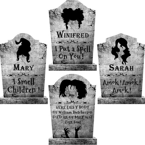 Outdoor Halloween Decorations, 4ct Large Hocus Pocus Witches Tombstones, Gravestone Decor Yard Signs with Stakes, 16" Tall Realistic Scary Graveyard Headstone, for Kids Home Party