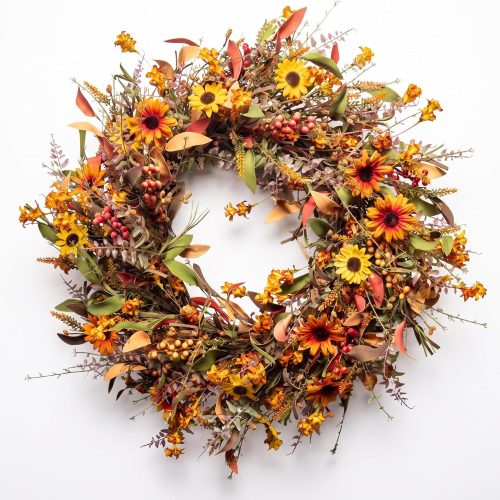 JINGHONG 24 Inch Fall Wreaths for Front Door, Artificial Autumn Wreath with Sunflowers, Berries and Leaves, Thanksgiving Harvest Wreath for Porch Window Farmhouse Home Decor