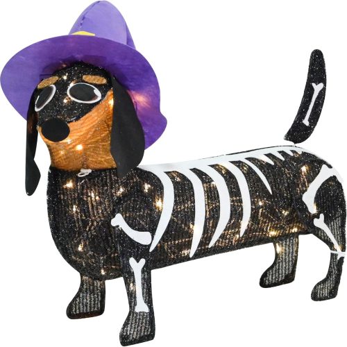 Skeleton Dachshund Decor, 25" Witch Hat Lights, Halloween Yard