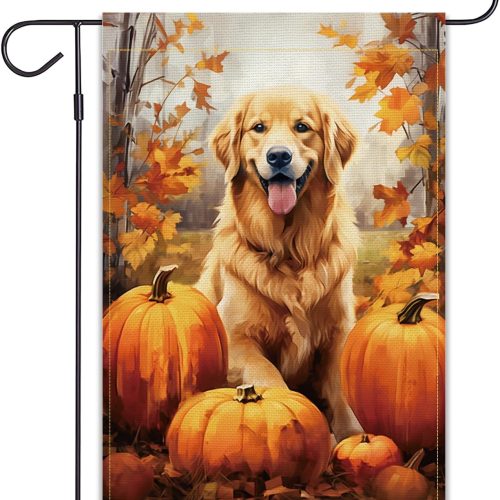 Balgardekor Welcome Fall Golden Retriever Garden Flag for Outside Dog Pumpkin Thanksgiving 12x18 Double Sided Small Burlap Decor(Pumpkins Golden Retriever)
