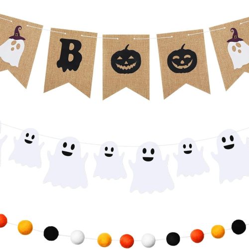 Oudain 3 Pcs Halloween Felt Banner Boo Pom Pom Garland Ghost Burlap Decor