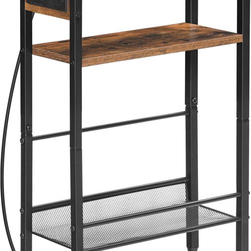 HOOBRO Small Narrow Side Table with Charging Station, Skinny End Table for Small Spaces, Slim Nightstand with USB Ports Outlet, Sofa Beside Table with Storage Shelf, Rustic Brown and Black BF102UBZ01