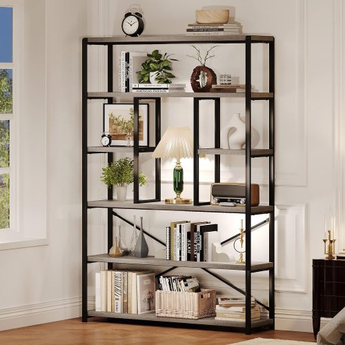 LVB 6 Tier Industrial Bookshelf for Bedroom Living Room Office, Light Grey