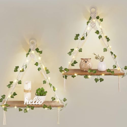 Mkono Macrame Wall Hanging Shelves Set of 2 with Artificial Ivy Lights