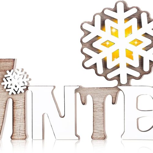 WF10276MAX_1 Bucherry Wooden LED Snowflake Sign Christmas Wooden Words Wood Snowflake Centerpiece Tabletop Decor Xmas Plaque Freestanding Wood Sign for Xmas Table Home Party(Winter)