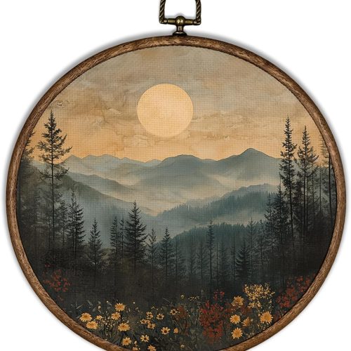 XBBMGG Vintage Forest Moon Wall Art, Rustic Mountain Wildflower Landscape Round Wall Hanging Decor, Nature Woodland Framed Canvas Prints for Home Living Room Bedroom Decorations, 10x10inch