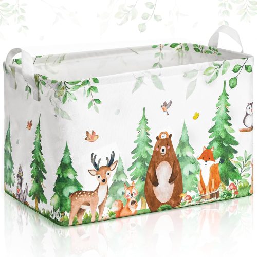 Buryeah Woodland Animals Gift Storage Basket, Bear Fox Deer Collapsible Rectangular Storage Bin with Handles Clothes Doll Books Gift Baskets for Woodland Baby Shower Birthday Nursery Decor(Forest)