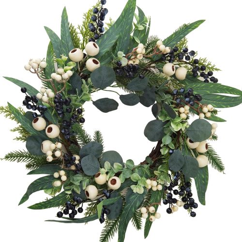 All Season Front Door Wreath 20 Inch - Summer Wreaths for Front Door Outside, Winter Wreath Olive Eucalyptus Leaves with Mixed White Berries for Farmhouse Home Porch Wall Window Wedding Holiday Decor