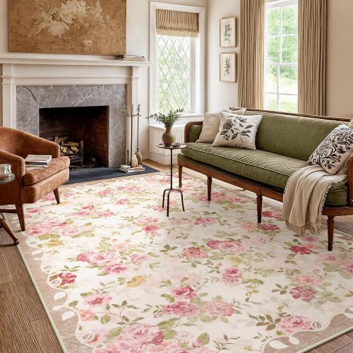 WF11279MAX_1 Lahome Floral Washable Rugs 5x7,Pink Vintage Rugs for Bedroom Girls