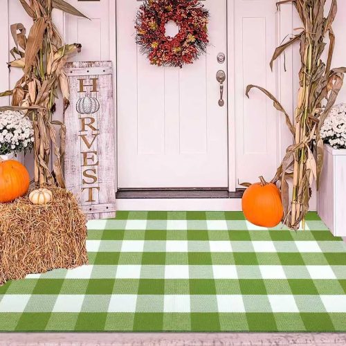 Green and White Outdoor Rug 3'x5',Buffalo Checked Front Porch Rug