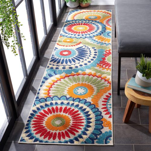 SAFAVIEH Washable Rug Outdoor Cabana Collection - 2'2" x 7' Runner, Blue & Ivory, Non-Shedding & Easy to Clean, Ideal for Patio, Backyard, Mudroom (CBN382M)