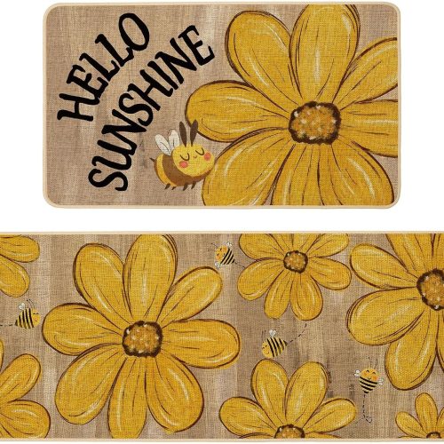 Baccessor Summer Kitchen Mats Set of 2, Wood Sunflower Bee Daisy Floral Kitchen Rugs for Floor Hallway Laundry Sink Non Slip Low-Profile Seasonal Home Decor 17x29 and 17x47 Inch