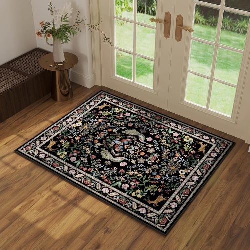 Rugcomf Door Mat 2x3 Small Area Rug Floral Washable Non Slip, Vibrant Black