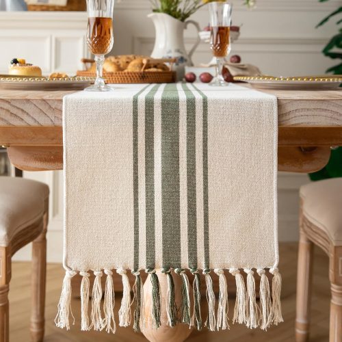 Caflife Boho Table Runner for Modern Farmhouse Decor, Dining Table décor 13 x 72 Inch Long with Handcrafted Tassels, Green and Beige Stripe Table Runner for Home Boho décor