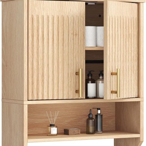 HOOBRO Narrow Bathroom Wall Cabinet with Towel Rack, Space Saving Medicine Cabinet for Small Spaces, Farmhouse Fluted Wall Storage Cabinet with Adjustable Shelf, Natural