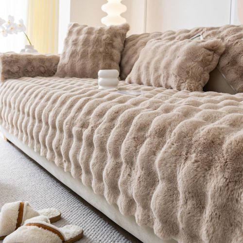 Faux Fur Sofa Cover, Rabbit Plush Couch Cover, Non-Slip Couch Covers Washable, Cosy Plush Sofa Slipcover, Furniture Protector for L Shaped(1pc/ Coffee /36"x70")
