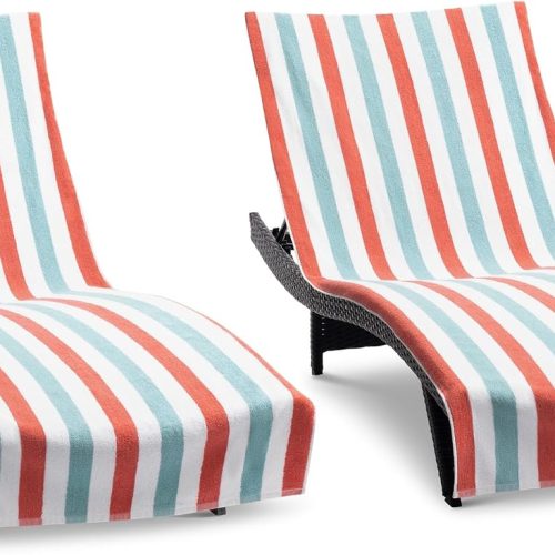Arkwright Cabo Chaise Lounge Cover Towel with Pocket - Pack of 2 - Striped 100% Cotton Cabana Cover for Beach Pool Outdoor Chairs, 30 x 85 in, Crabapple/Pool Blue