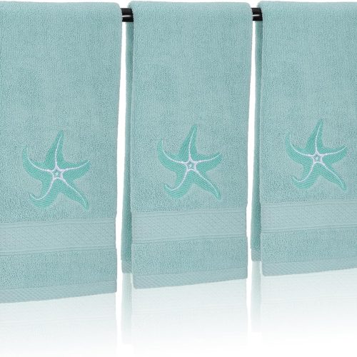 3 Pack Coastal Hand Towels for Bathroom 100% Cotton Embroidered Beach Bathroom Towels 13.4 x 29'' Starfish Blue Finger Towel Nautical Decorative Towel Gift for Summer Holiday