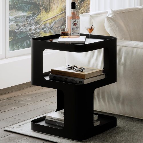 ZHBHHYZ Modern Side Table with Storage for Sofa & Couch, Small End Table for Living Room & Bedroom, Unique Black Metal Nightstand with Open Shelves for Small Space, No Assembly Required