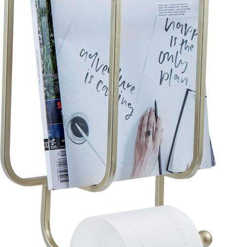 MyGift 2-in-1 Bathroom Magazine Rack with Toilet Paper Holder, Wall Mounted Bathroom Magazine Holder, Modern Brass Tone Metal Magazine Organizer Storage for Home or Office