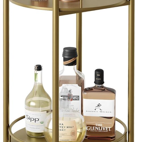 Bar Cart Gold Rolling Cart for Home,2 Tiers Bar Serving Cart Round Wine Cart with Handle, Metal Wine Rack and Casters, Serving Bar Trolley for Home Kitchen,Living Room,Christmas,New Year
