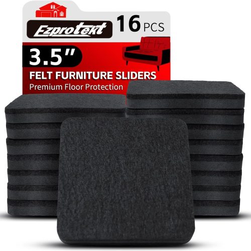 Ezprotekt 3.5" Felt Furniture Movers Sliders for Hardwood & Vinyl Floors, 16 Pcs Square Reusable Felt Furniture Moving Pads for Heavy Duty Sofa Bed Couch Cabinet, Move Items and Quickly (Black)